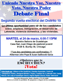 Volante para el debate final del Districto 10 03-24-2015